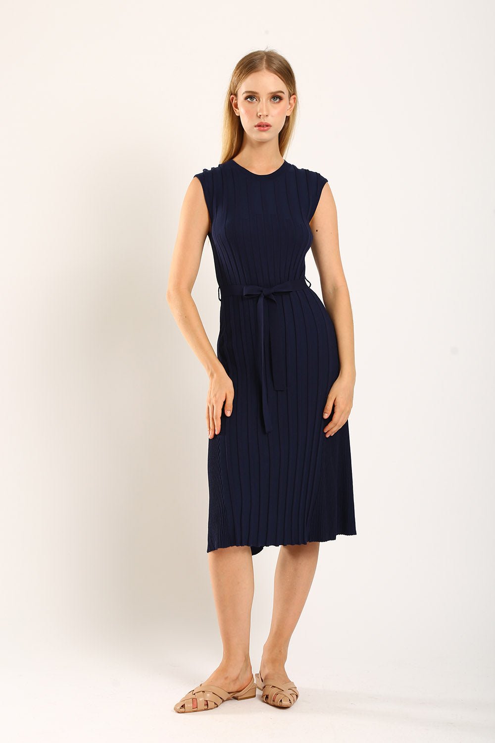 Ciera Texture Belted Knit Dress in Navy Blue - Image 5