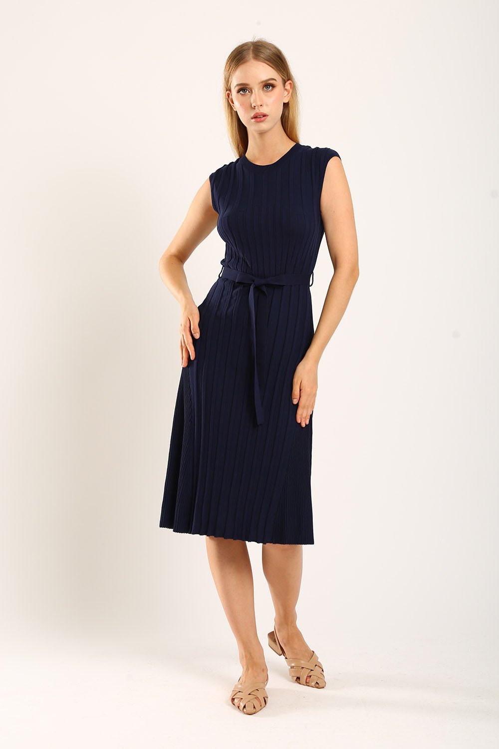 Ciera Texture Belted Knit Dress in Navy Blue - Image 4