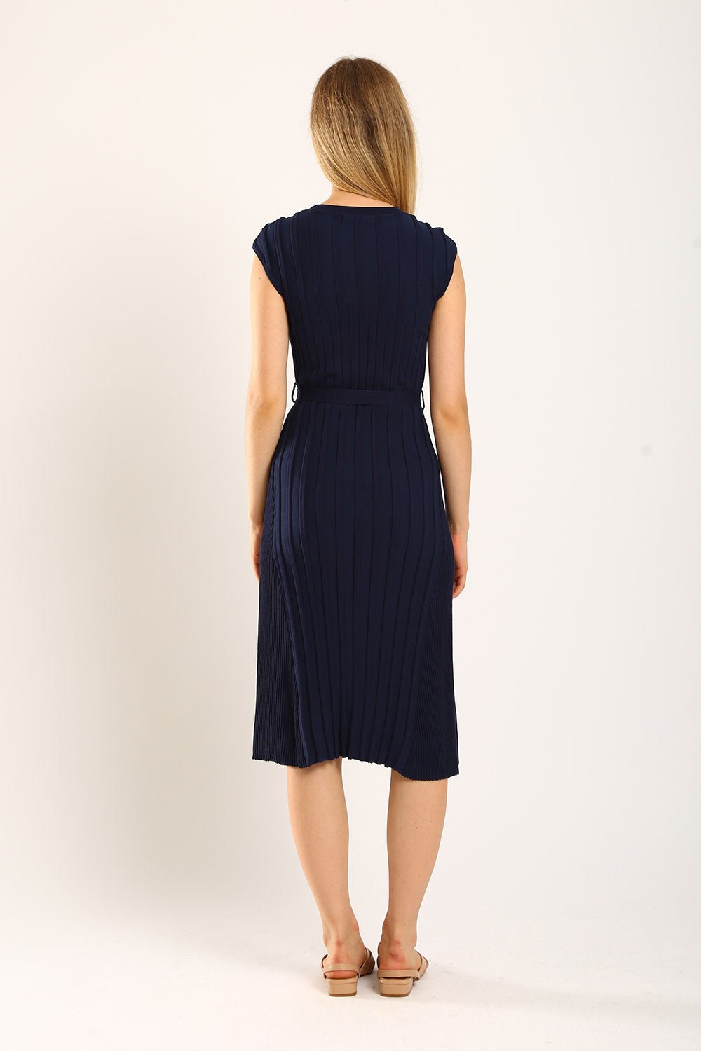 Ciera Texture Belted Knit Dress in Navy Blue - Image 6