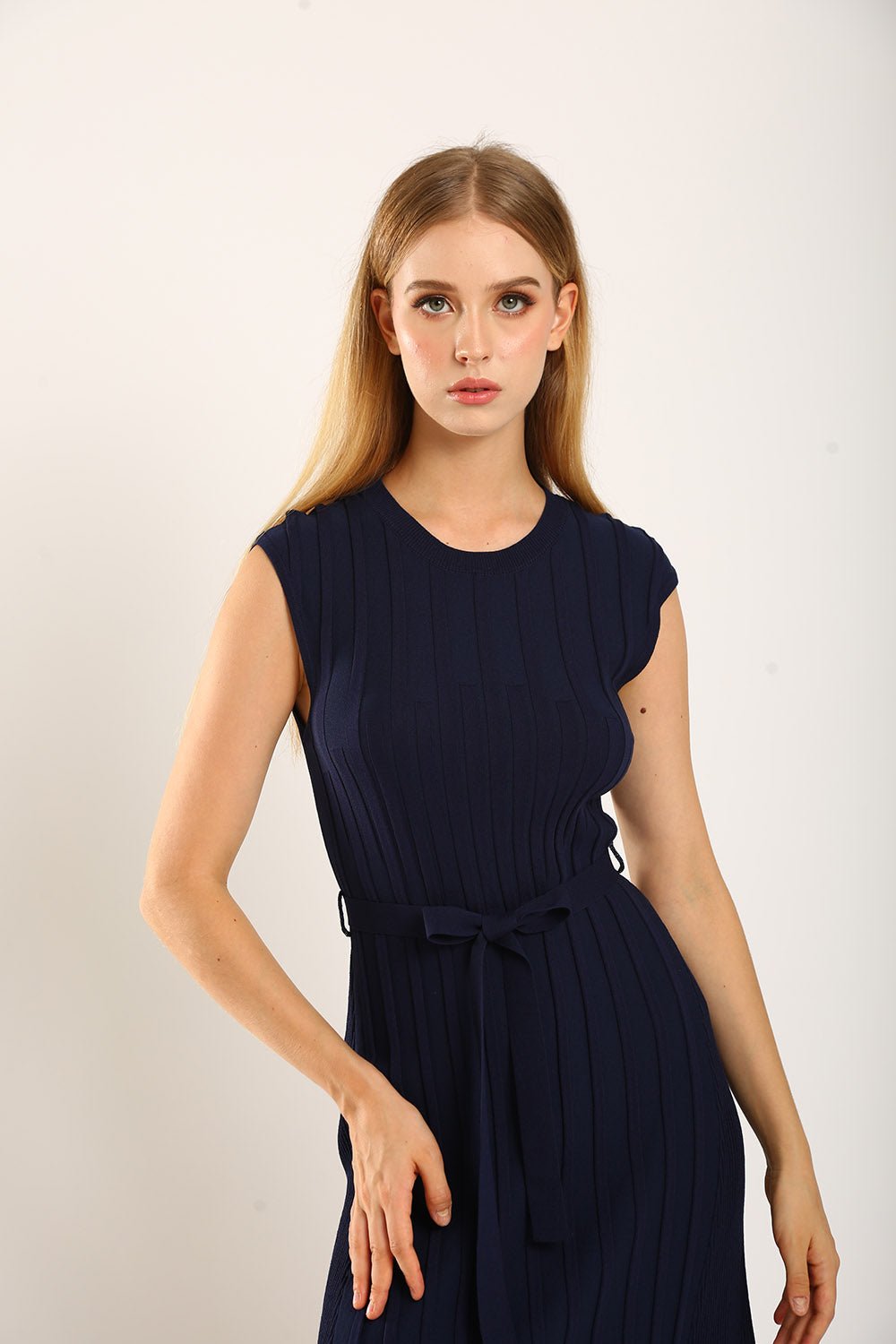 Ciera Texture Belted Knit Dress in Navy Blue - Image 7