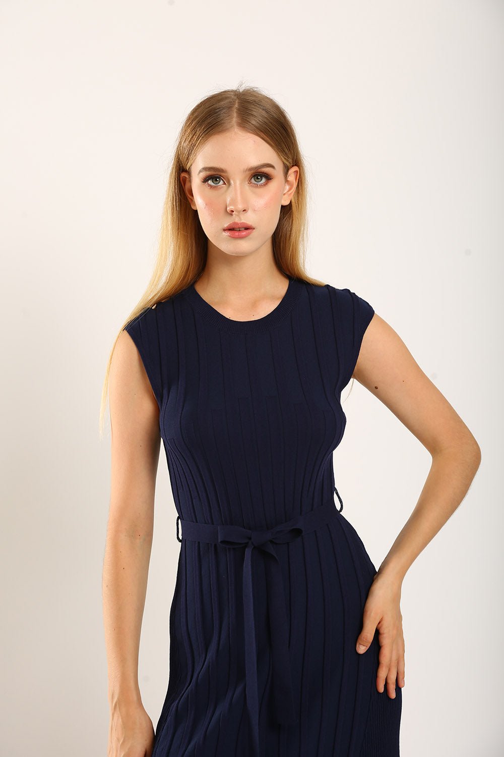 Ciera Texture Belted Knit Dress in Navy Blue - Image 8