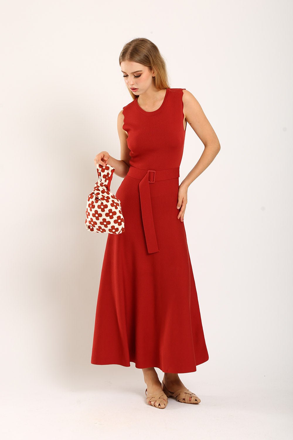 Clabelle Knit Belted Dress in Brick Red - Image 3