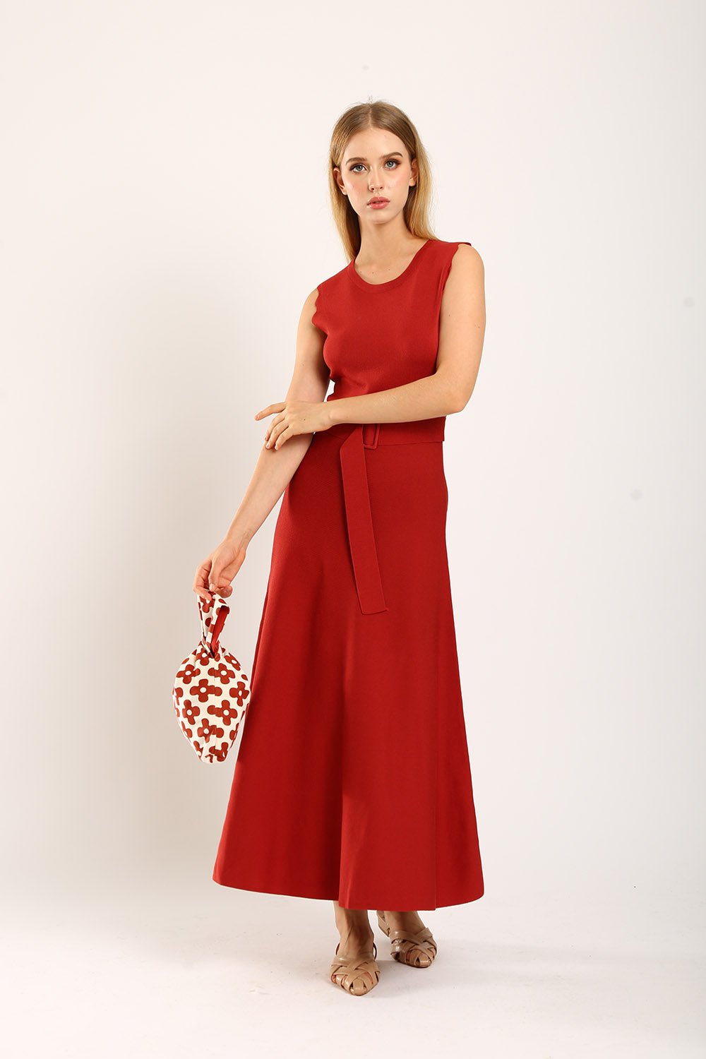 Clabelle Knit Belted Dress in Brick Red - Image 4