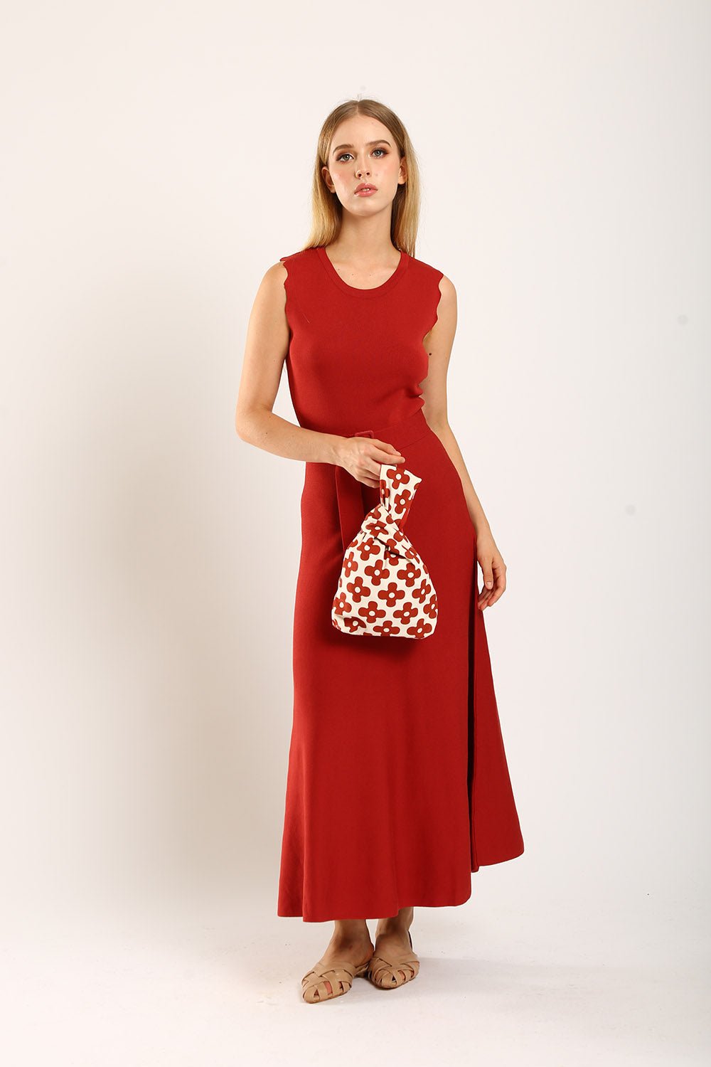 Clabelle Knit Belted Dress in Brick Red - Image 5