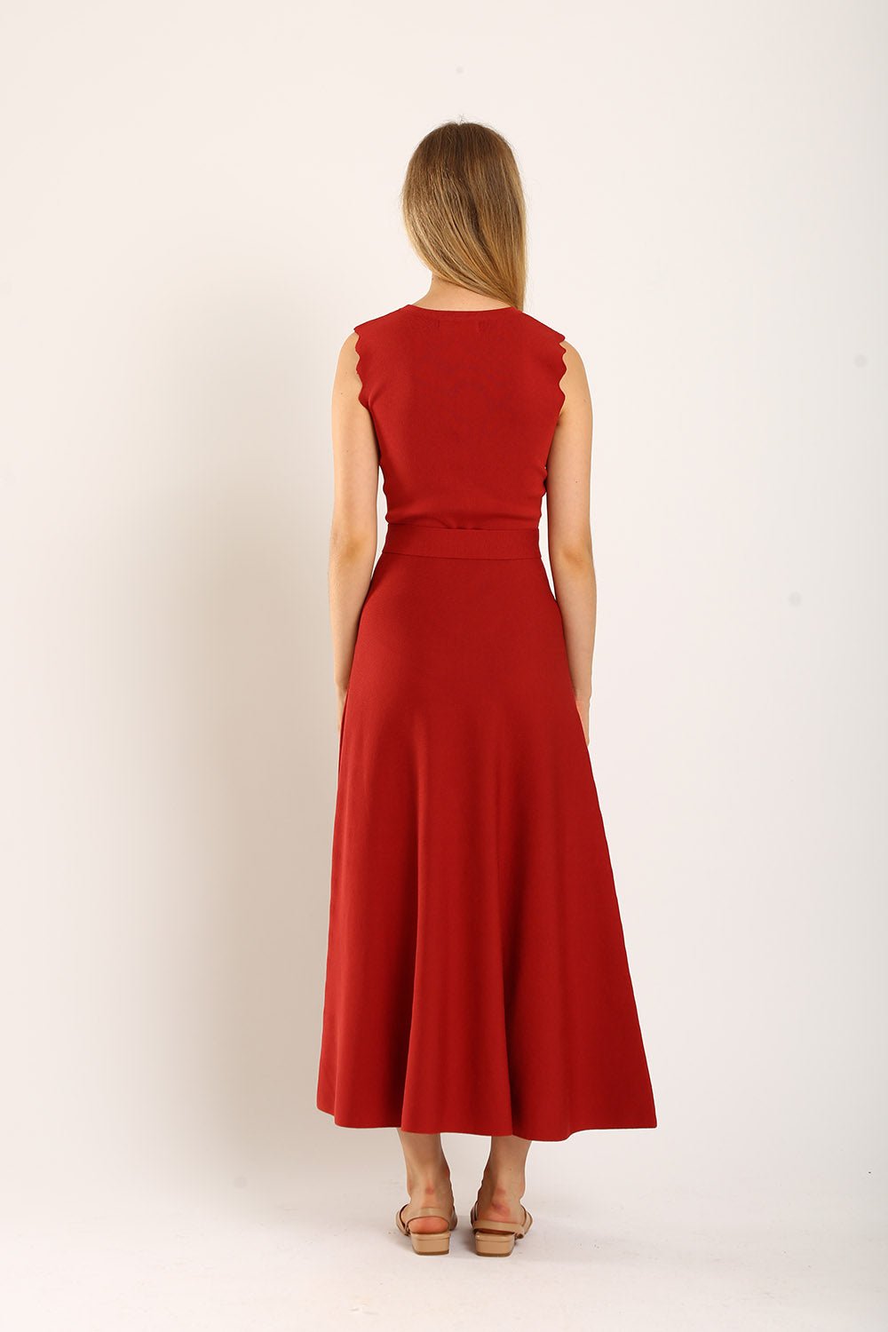 Clabelle Knit Belted Dress in Brick Red - Image 7