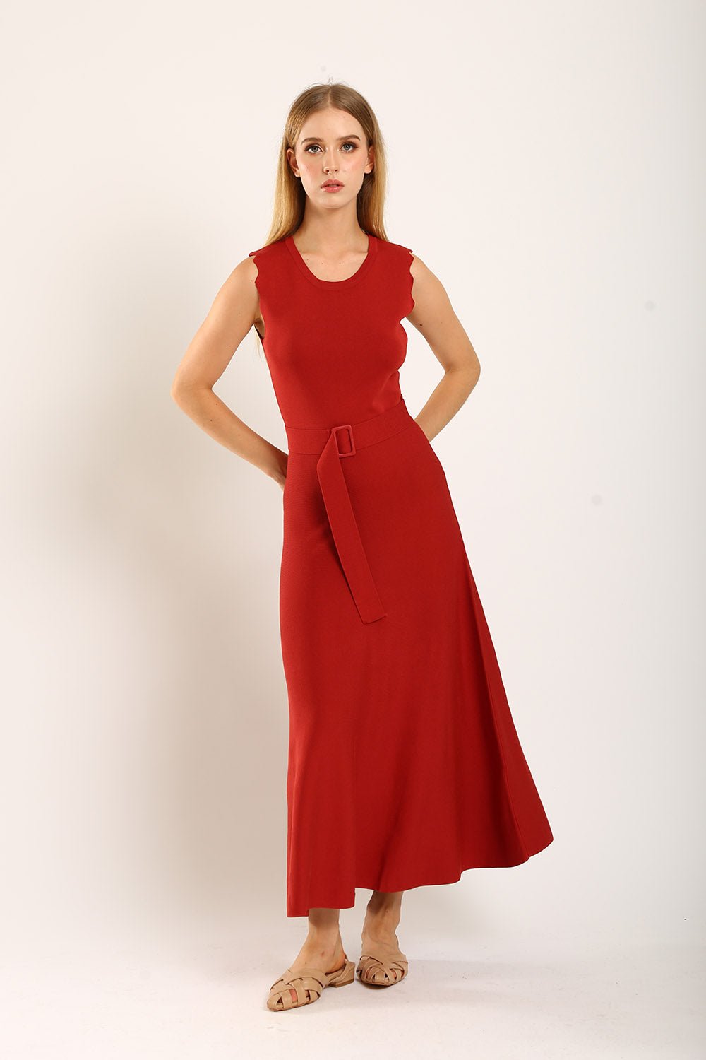 Clabelle Knit Belted Dress in Brick Red - Image 6