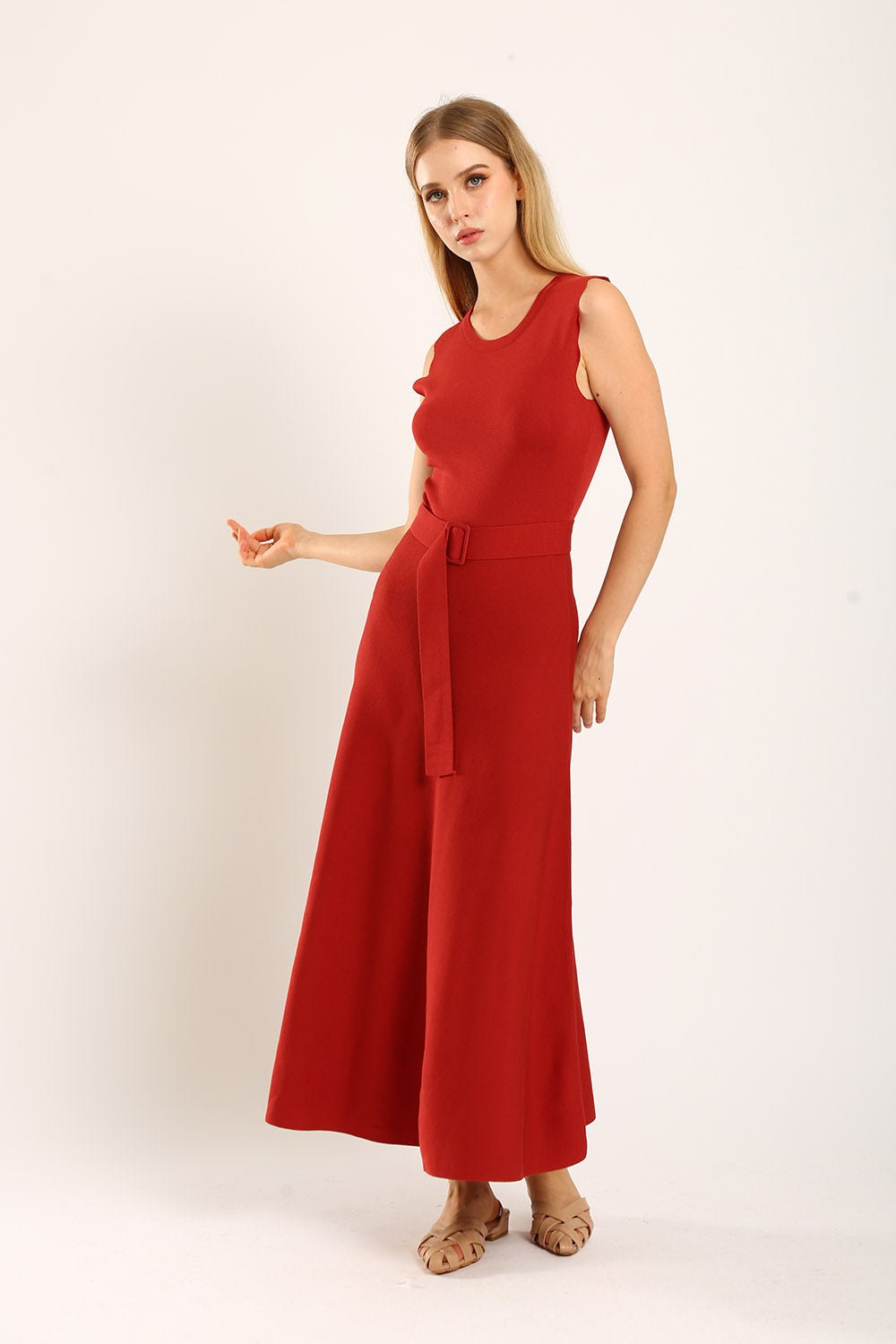 Clabelle Knit Belted Dress in Brick Red - Image 8
