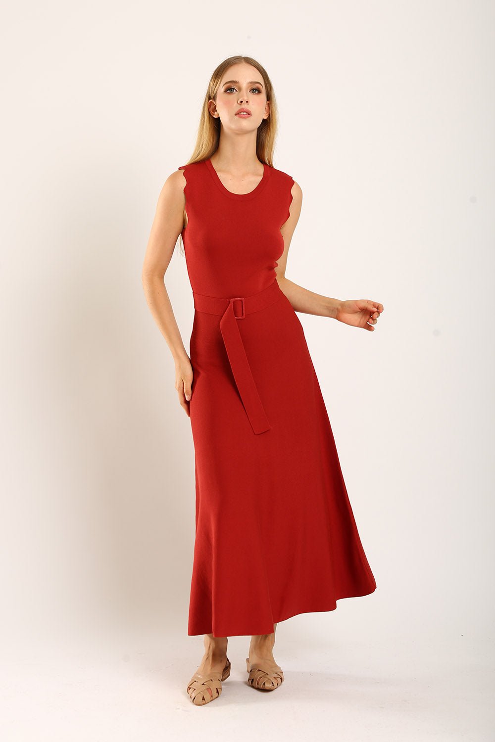 Clabelle Knit Belted Dress in Brick Red - Image 9