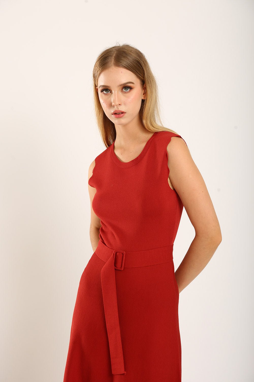 Clabelle Knit Belted Dress in Brick Red - Image 10