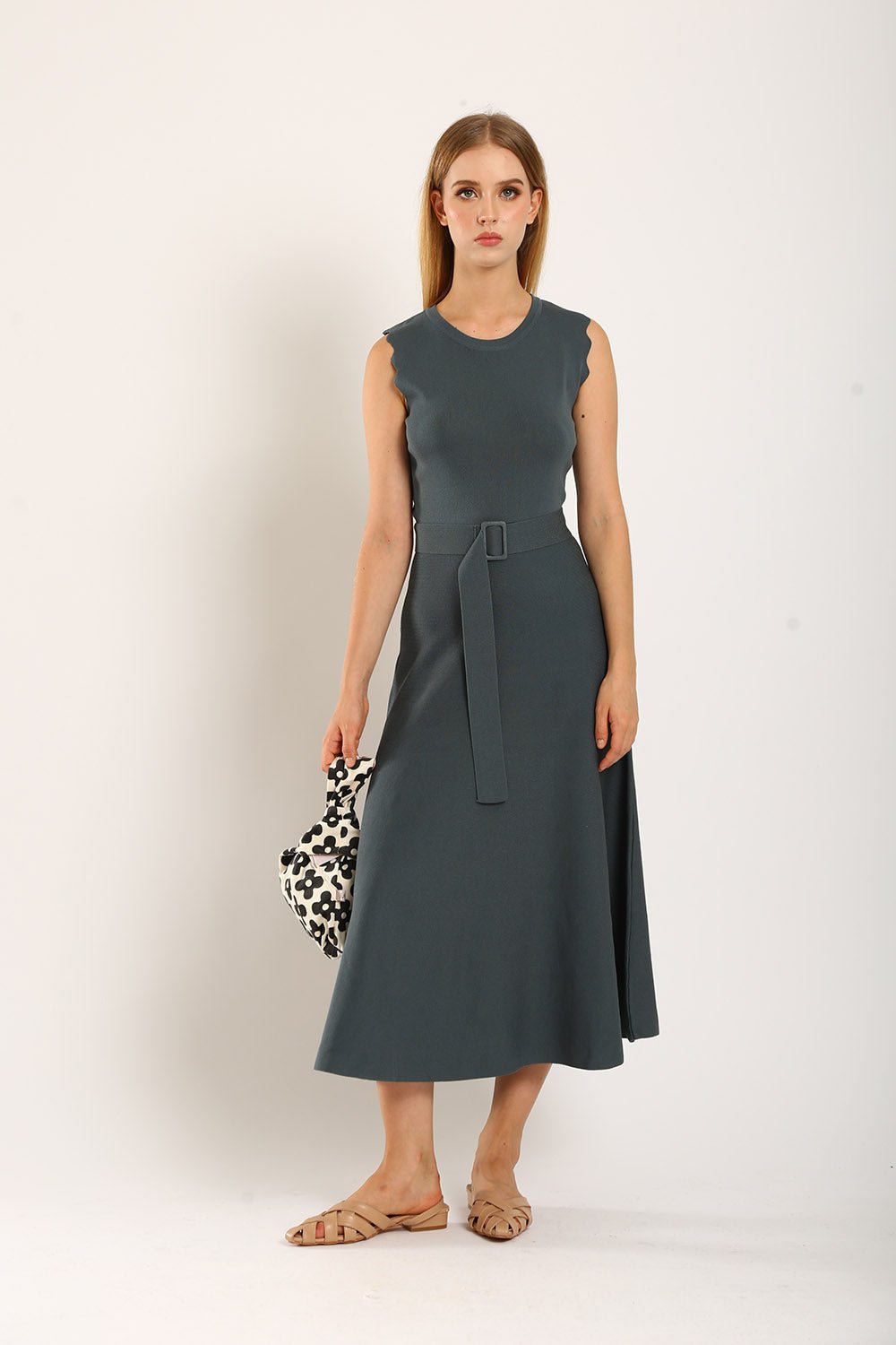 Clabelle Knit Belted Dress in Gun Metal - Image 4
