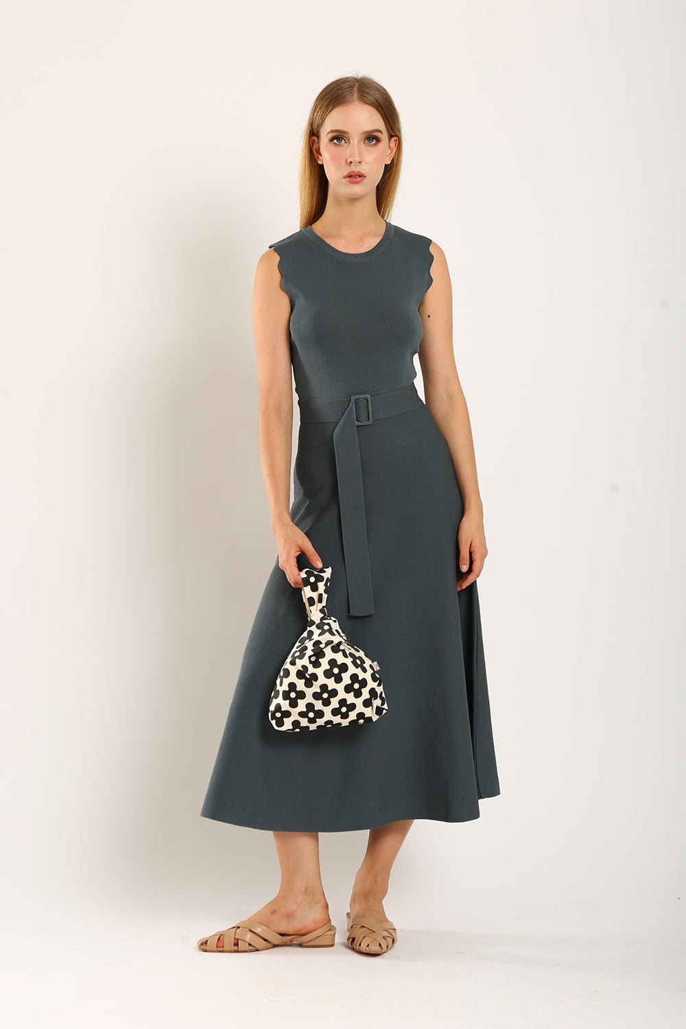 Clabelle Knit Belted Dress in Gun Metal - Image 3