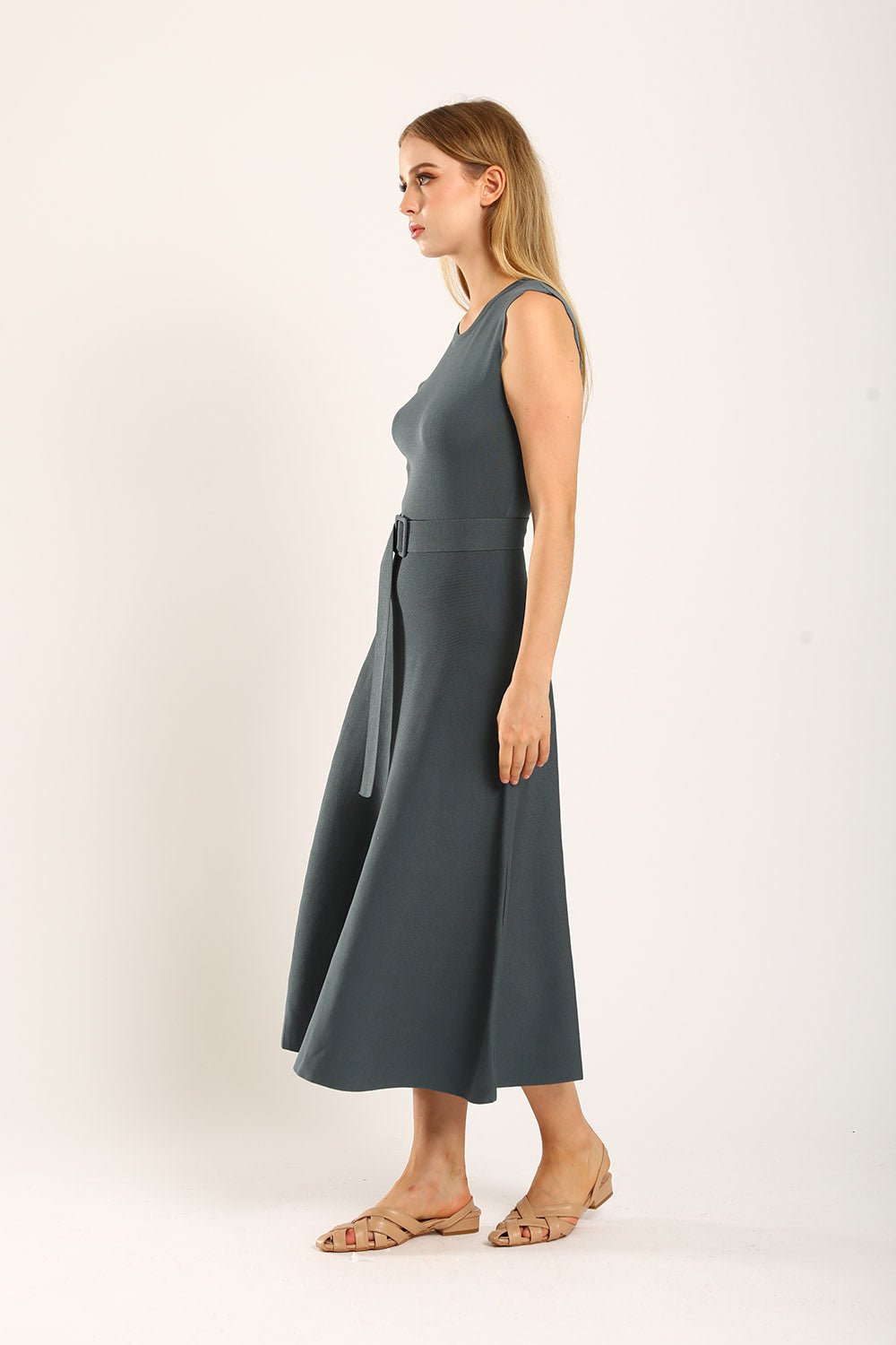 Clabelle Knit Belted Dress in Gun Metal - Image 6