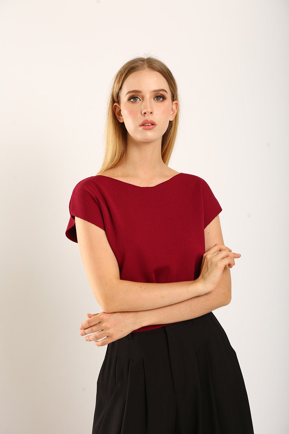 Graciela V-Slit Knit Top in Red - Image 2