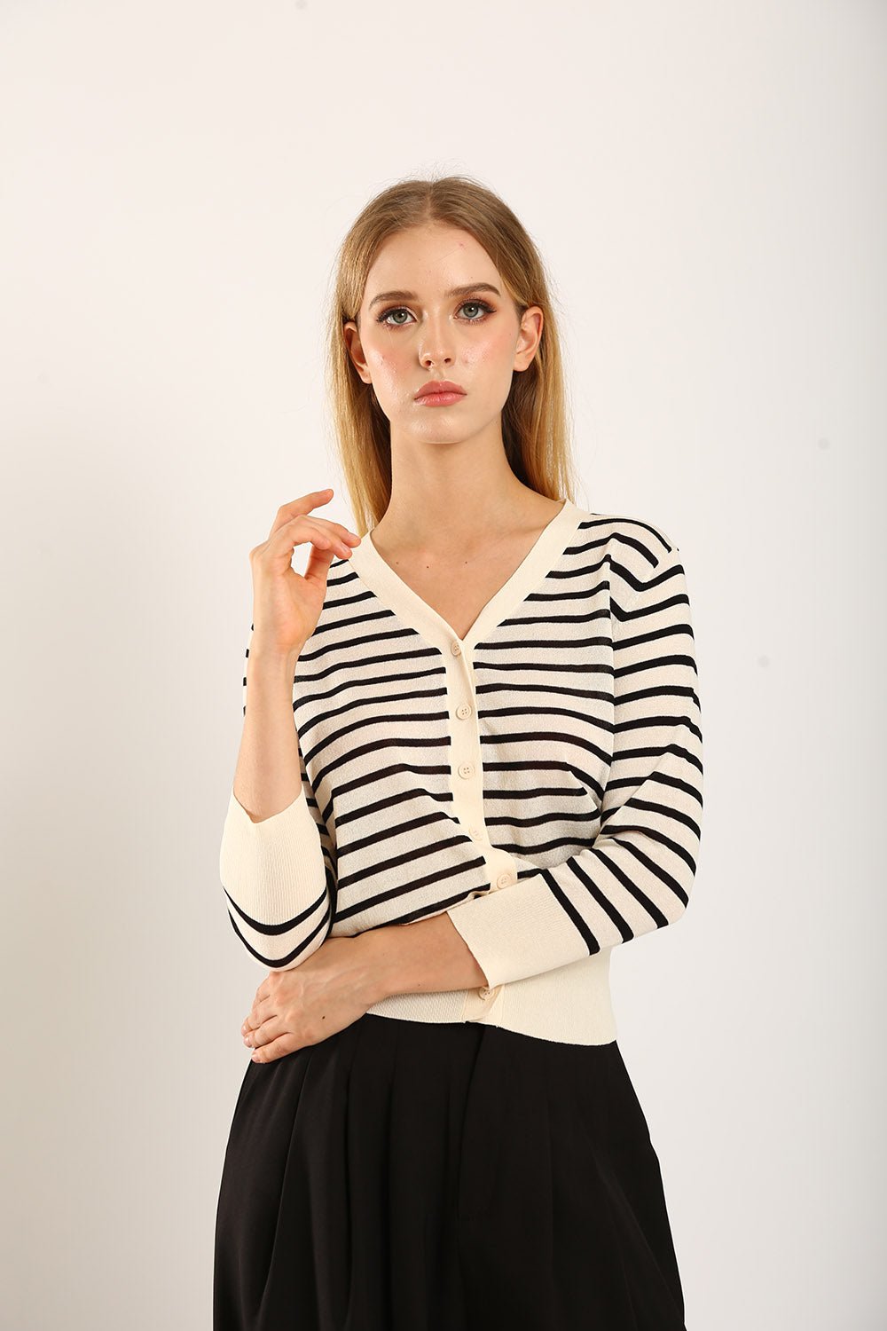 Gemma Striped Knit Cartigan in White - Image 3