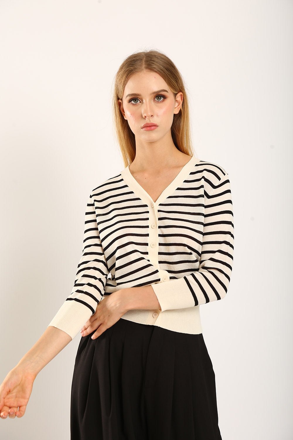 Gemma Striped Knit Cartigan in White - Image 4