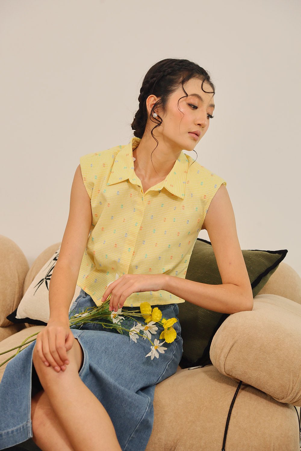 Amina Sleeveless Shirt in Yellow Gingham Top - Image 6