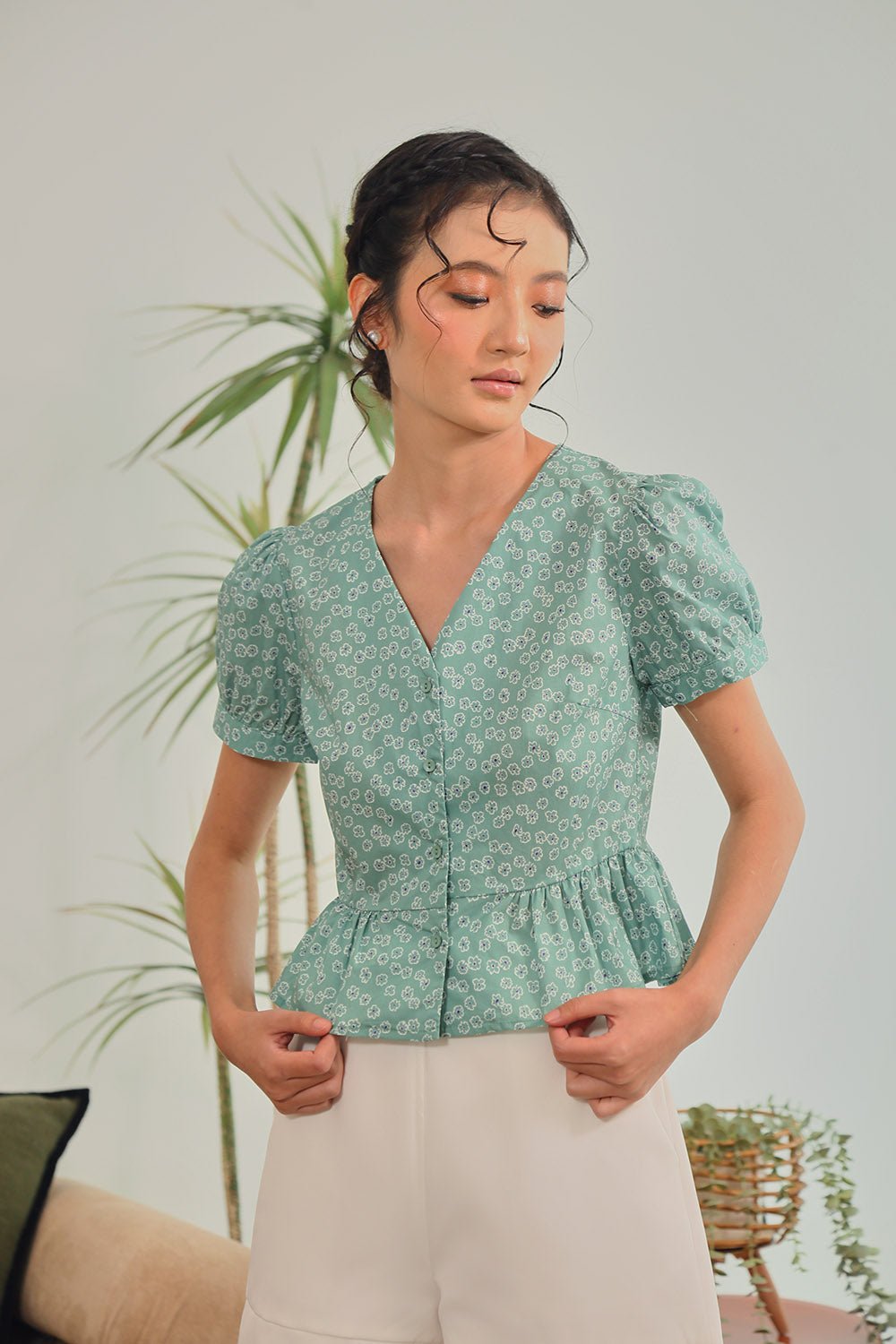 Melura Floral Peplum Top in Sage Bloom - Image 4