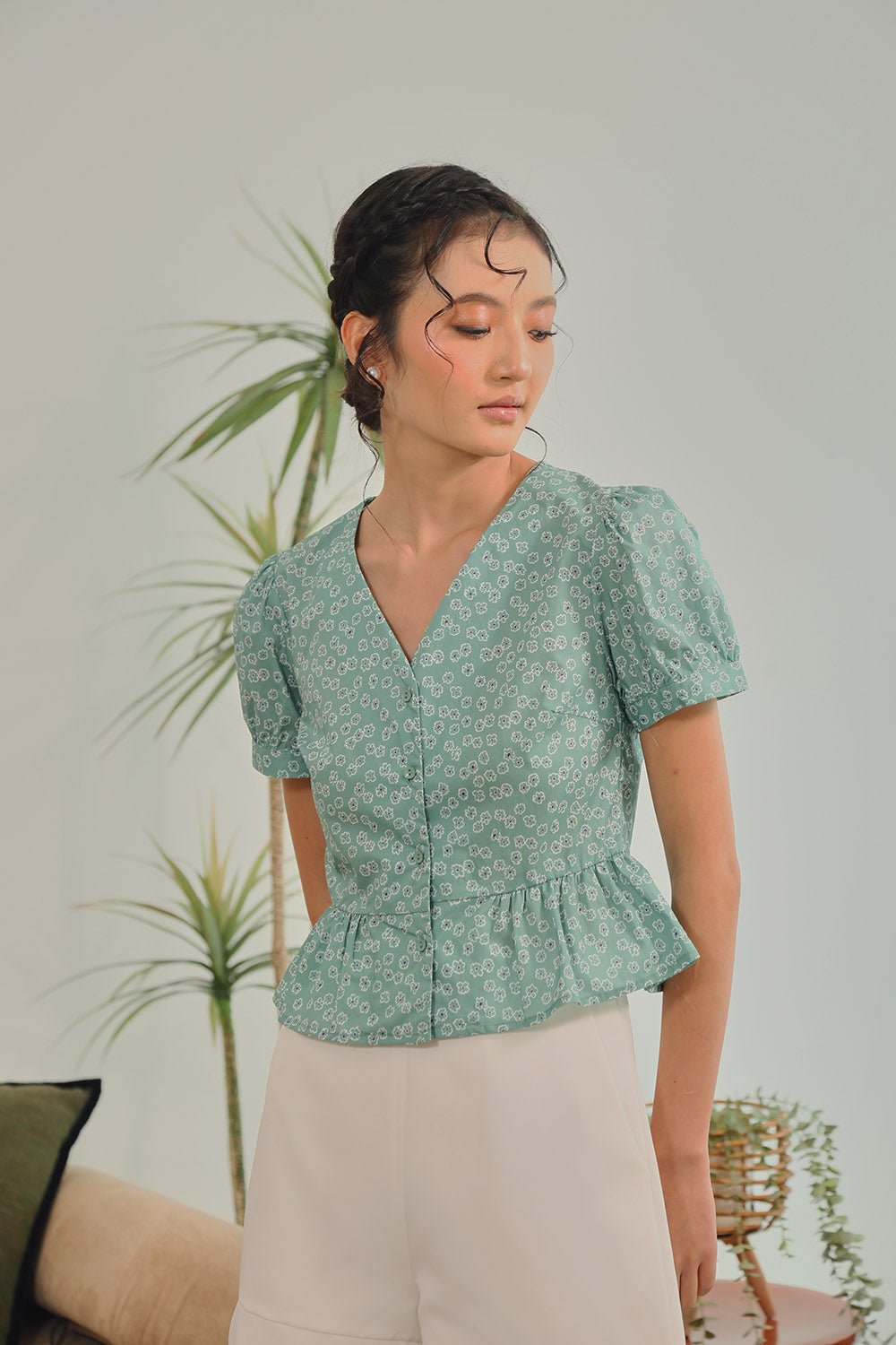 Melura Floral Peplum Top in Sage Bloom - Image 2