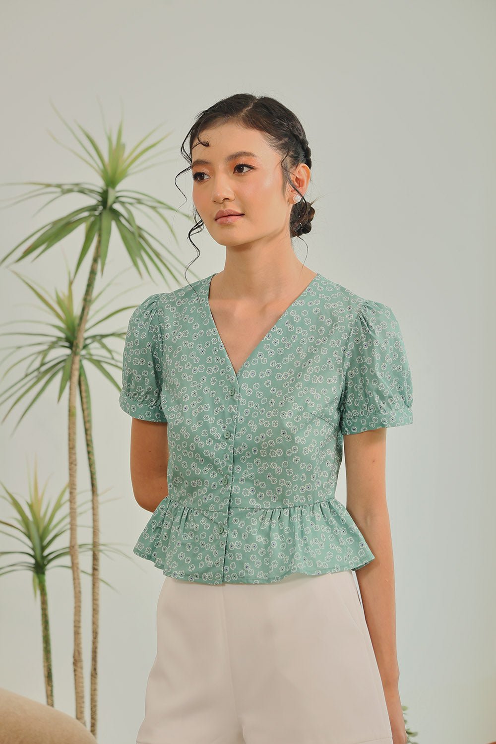 Melura Floral Peplum Top in Sage Bloom - Image 3