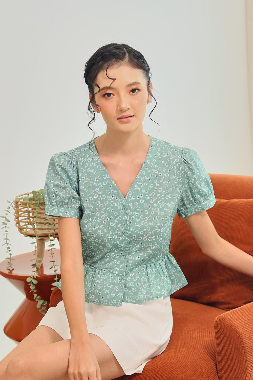 Melura Floral Peplum Top in Sage Bloom