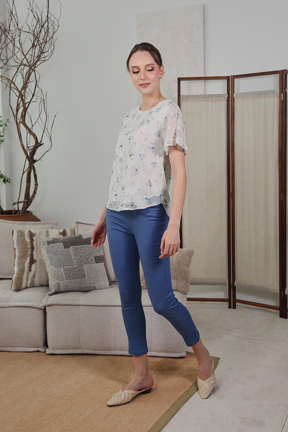 Milaf Embroidered Mesh Blouse in Soft Blue Floral - Image 7
