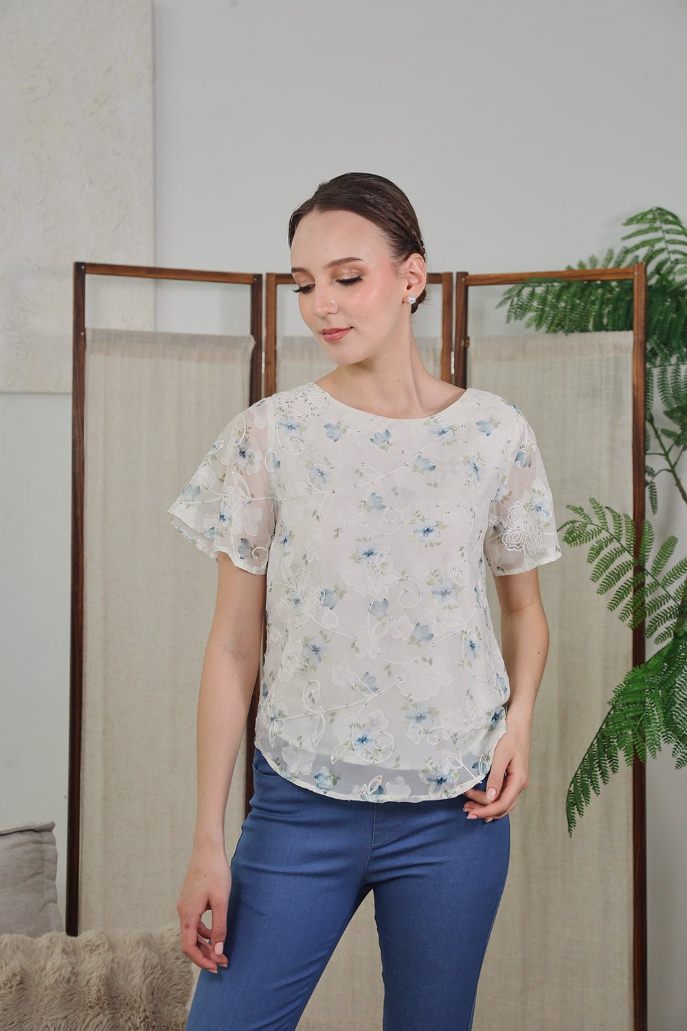 Milaf Embroidered Mesh Blouse in Soft Blue Floral - Image 6
