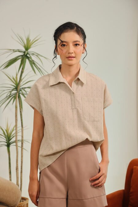 Marlen Collared Textured Top in Oat