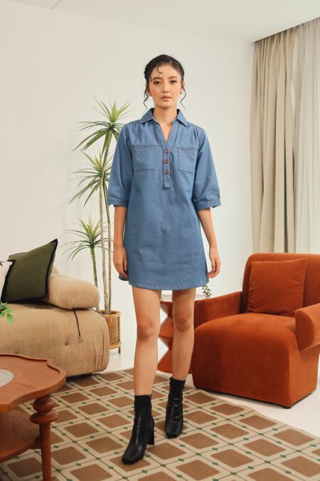 Ciely Collar Denim Shirt Dress in Mid Wash