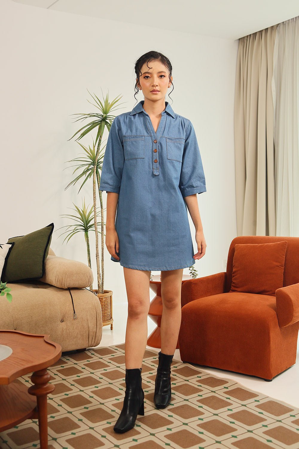 Ciely Collar Denim Shirt Dress in Mid Wash