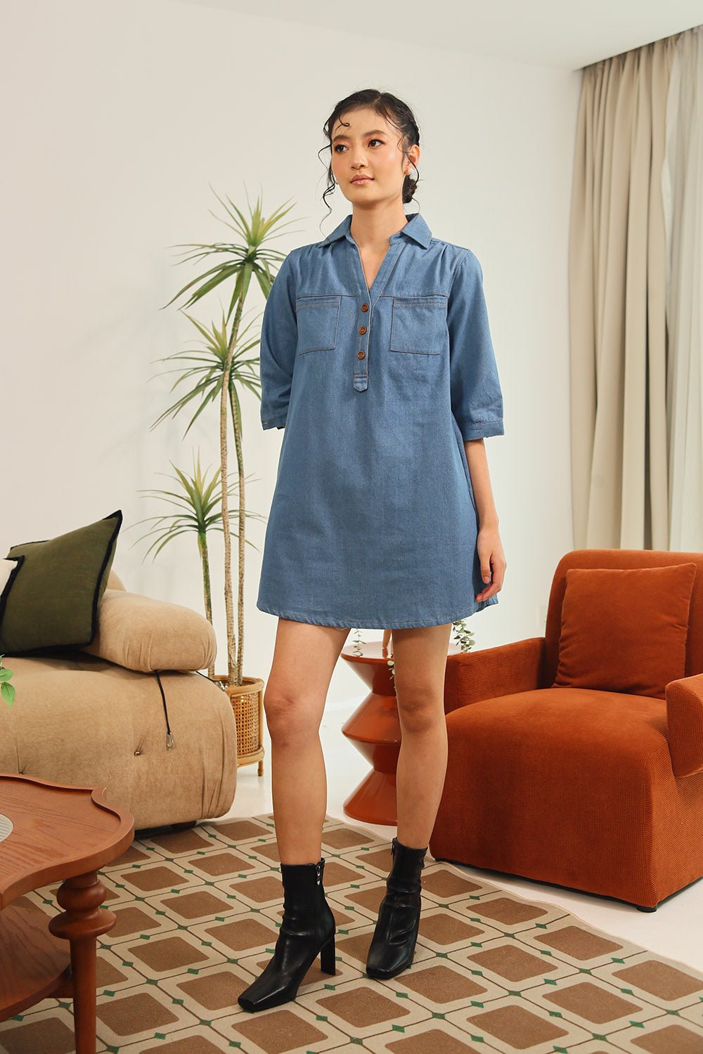 Ciely Collar Denim Shirt Dress in Mid Wash - Image 6