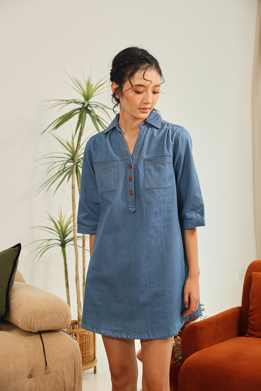 Ciely Collar Denim Shirt Dress in Mid Wash - Image 8