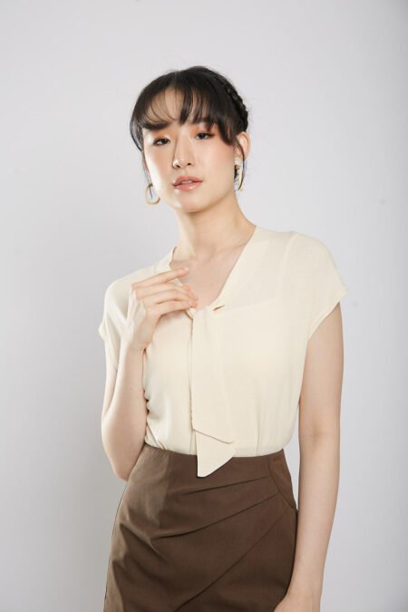 Novabelle Sash Knit Top in Beige