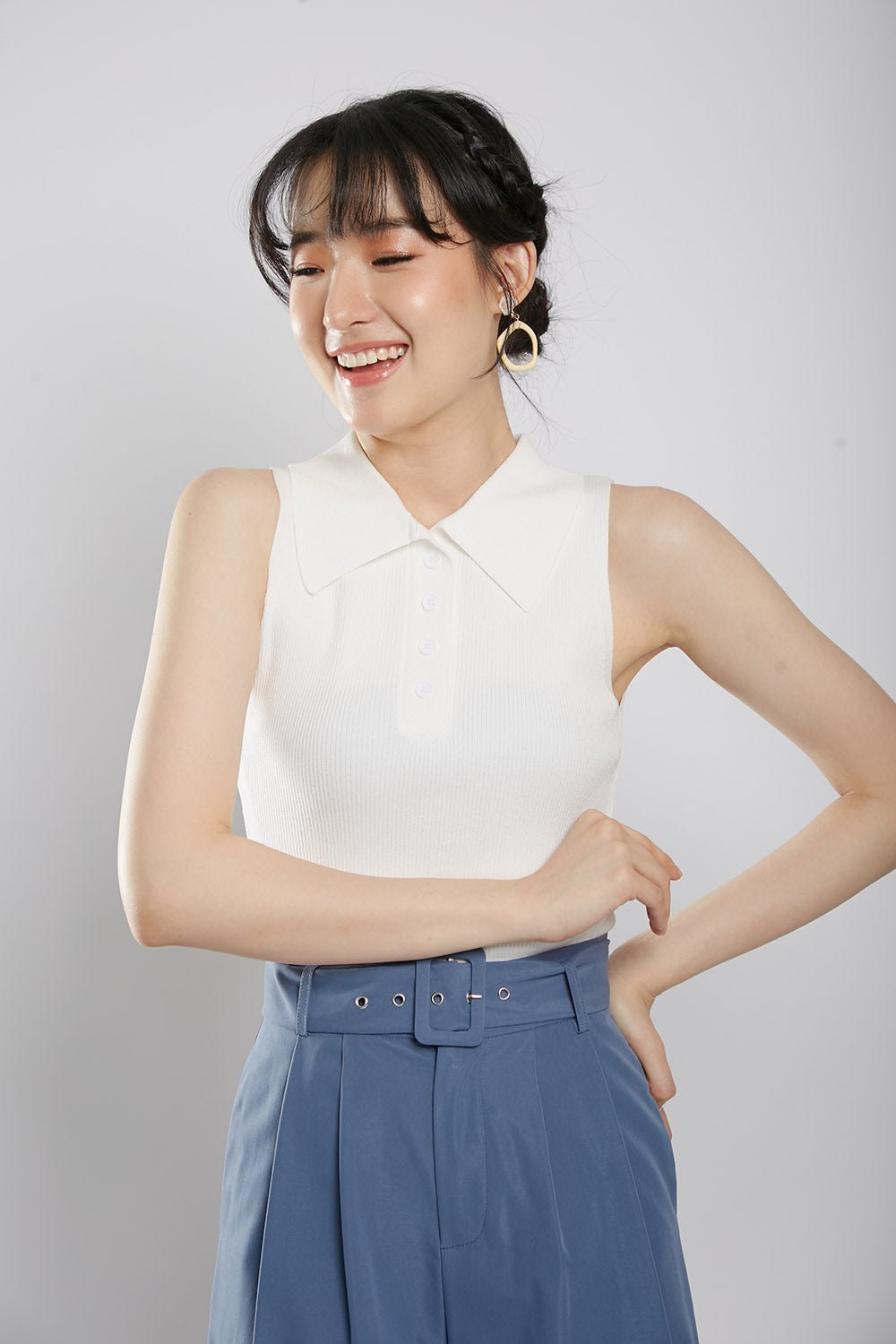 Channa Polo Collar Knit Top in White - Image 3