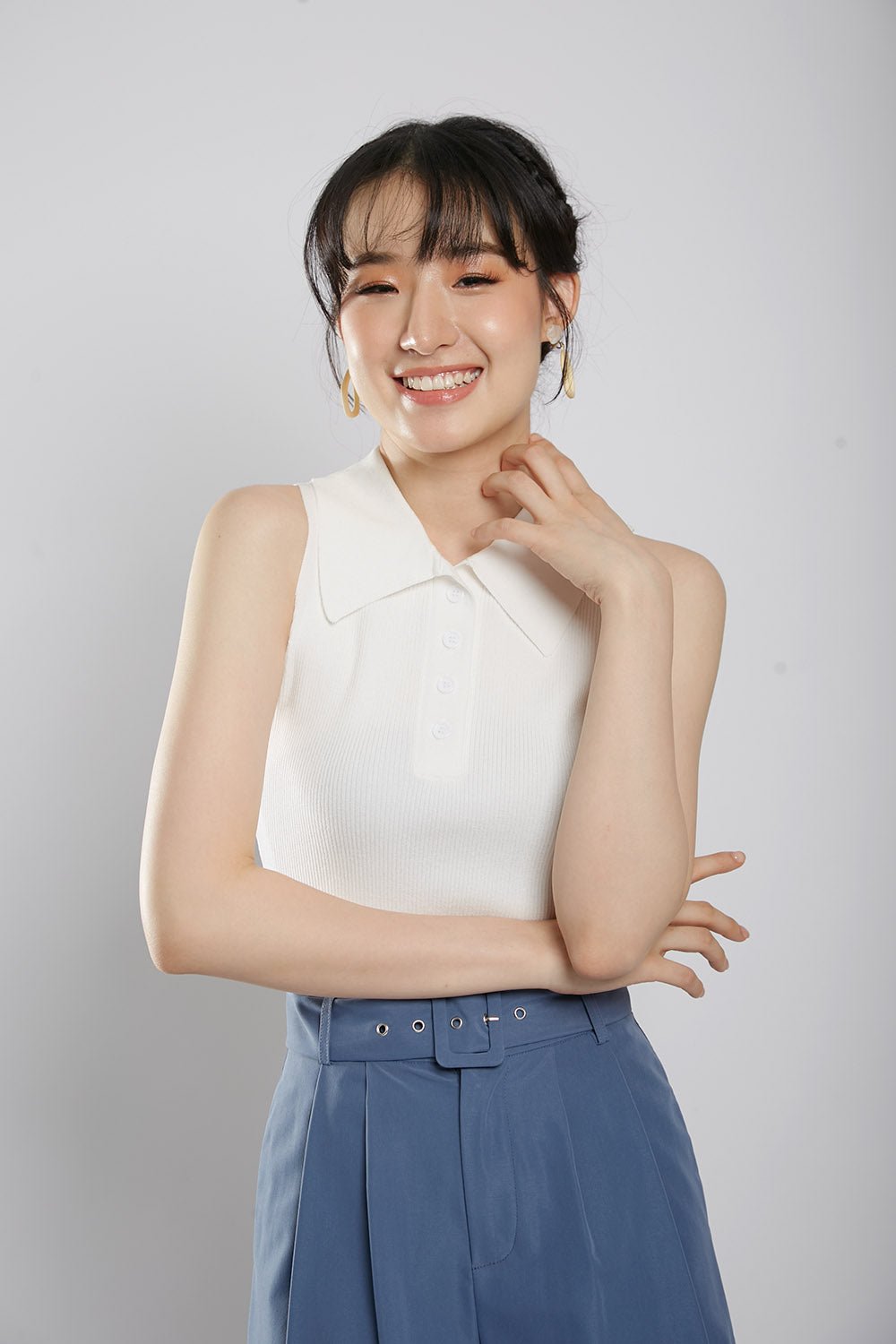 Channa Polo Collar Knit Top in White - Image 6