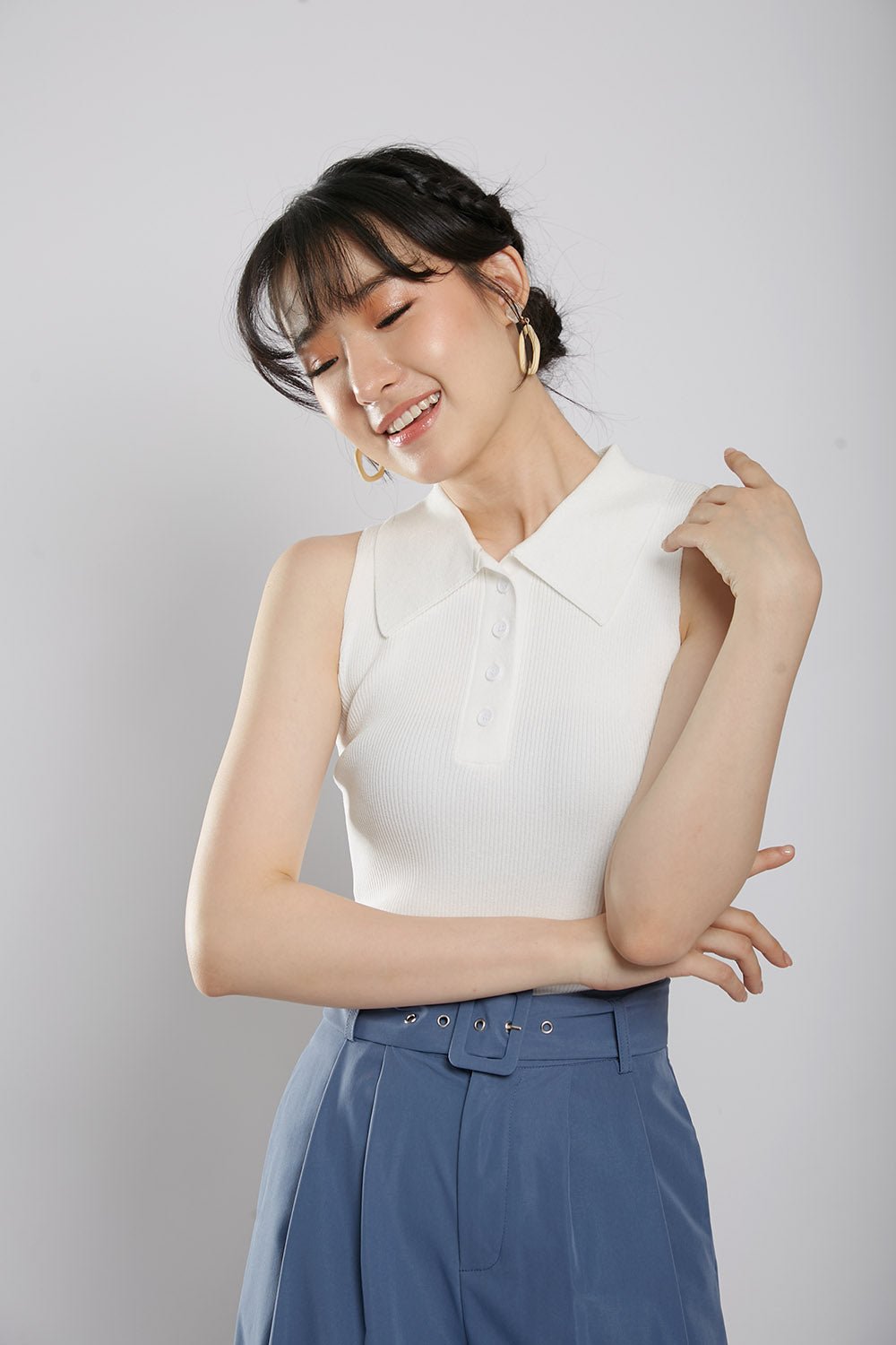 Channa Polo Collar Knit Top in White - Image 2