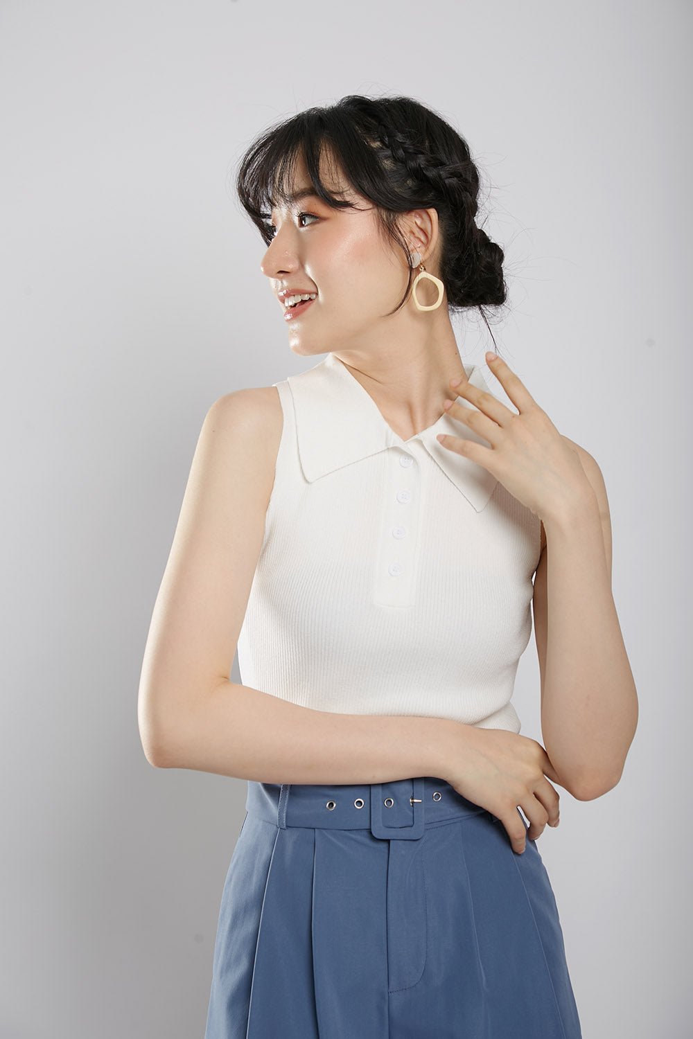 Channa Polo Collar Knit Top in White - Image 4