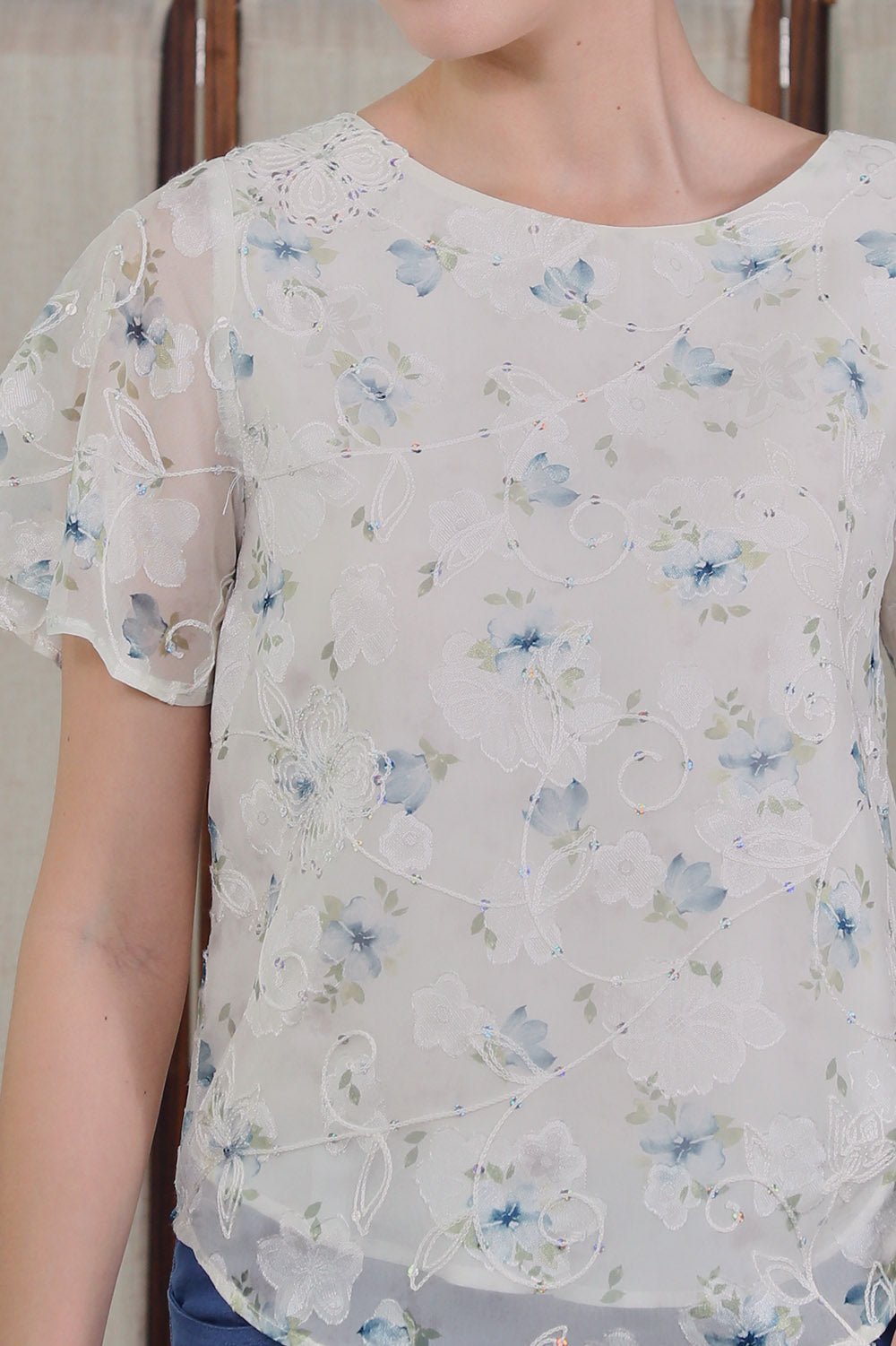 Milaf Embroidered Mesh Blouse in Soft Blue Floral - Image 2